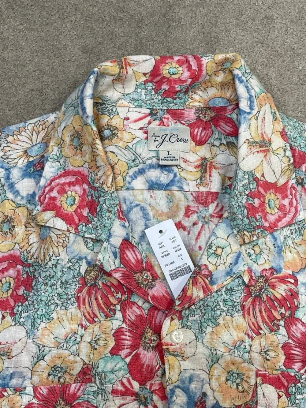 j crew Men hawaiian floral linen Button Down Short Sleeve shirt Size L